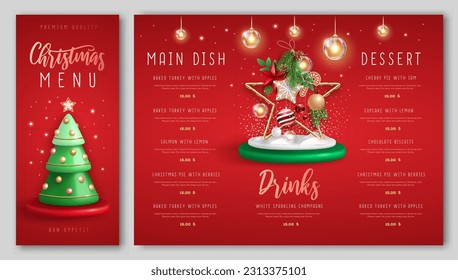 Christmas holiday restaurant menu design with realistic 3D plastic Christmas tree. Merry Christmas and Happy new Year greeting card. Vector illustration