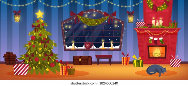 Interior de la habitación navideña con chimenea de ladrillo, árbol de Navidad decorado, regalos, medias, ventana. Invierno acogedor casa de fondo interior con gato dormido, garland, chimenea. Sala de Navidad de vectores