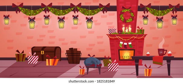 Christmas holiday room interior with fireplace, stockings, sleeping cat, table, presents. Winter vector house indoor background with red chimney, gifts,wreath. Decorated Christmas room with brick wall