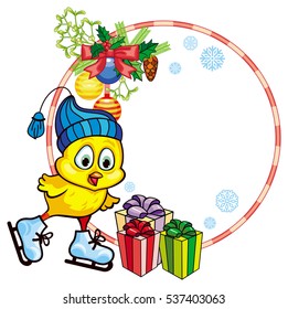 Christmas holiday round frame with cute chicken in funny hat ice skating.  Copy space. Vector clip art.