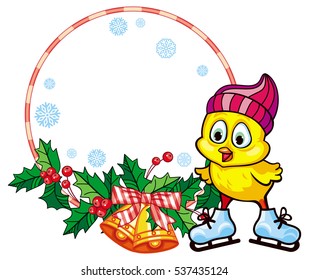 Christmas holiday round frame with cute chicken in funny hat ice skating.  Copy space. Vector clip art.