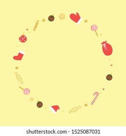 Christmas holiday round vector pattern. Doodle santa hats, christmas tree, balls, star, candy, mitten, hat, sock, stars and dots on yellow background. Christmas holiday doodle style.  EPS10
