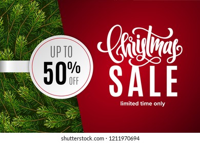 Christmas holiday sale 50% off with paper sticker on red background with fir tree branches. Limited time only. Template for a banner, shopping, discount. Vector illustration for your design