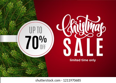 Christmas holiday sale 70% off with paper sticker on red background with fir tree branches. Limited time only. Template for a banner, shopping, discount. Vector illustration for your design