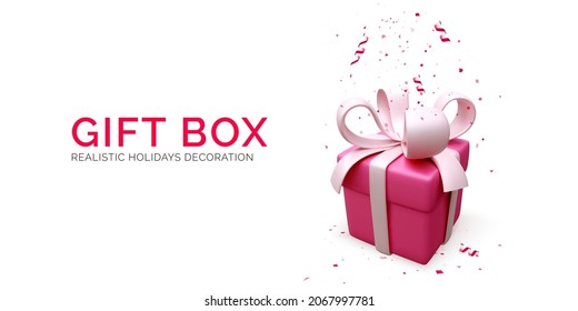 Christmas Holiday Sale Banner With Gift Box With Red Ribbon And Bow And Falling Confetti. Present Boxes With New Year Decoration. Vector Illustration