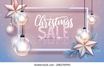 Christmas holiday sale banner with modern glowing lamps on silver background