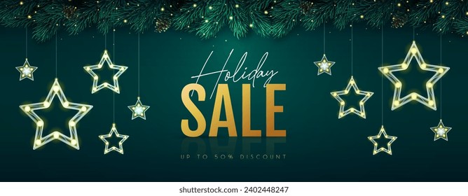 Christmas holiday sale banner with modern glowing star lamps on emerald background. Vector illustration