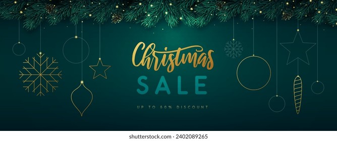 Christmas holiday sale banner with stars, snowflakes and balls on emerald background. Vector illustration