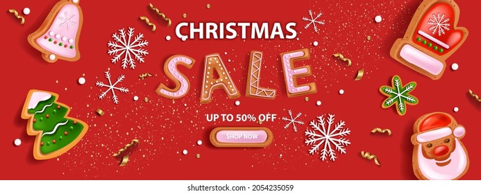 Christmas holiday sale banner, vector x-mas discount promotion landing page red background, button. X-mas winter season advertisement flyer, gingerbread cookies, snowflake. Christmas sale wallpaper