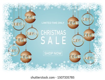 Christmas holiday sale on blue background with snow. Limited time only. Template for a banner, shopping, discount. Vector illustration for your design