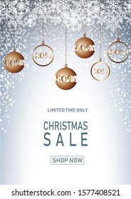 Christmas holiday sale on blue background with snow. Limited time only. Template for a banner, shopping, discount. Vector illustration for your design