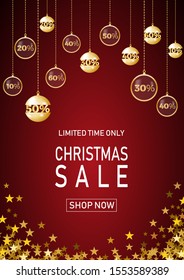 Christmas holiday sale on red background with star. Limited time only. Template for a banner, shopping, discount. Vector illustration for your design