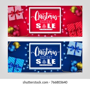 Christmas Holiday Sale Realistic Banners Set with 3D Frame, Gifts, Christmas Balls and Lights Promotional Design. Vector Illustration

