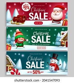 Christmas holiday sale vector banner set. Christmas special offer sale text with take up to 50% off discount promo for xmas seasonal advertisement promotion. Vector illustration.
