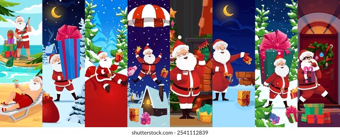 Collage de personajes de Santa Navidades de vacaciones. Escenas de Vector de dibujos animados con Santa Claus relajándose en la playa tropical, entregando regalos en paisajes nevados, descendiendo con paracaídas, difundiendo la alegría de las vacaciones