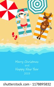 Christmas holiday. Santa Claus and deer relax on the beach. Greeting Christmas card 2019