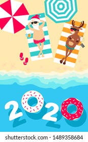 Christmas holiday. Santa Claus and deer Rudolph relax on the beach. Greeting Christmas card 2020