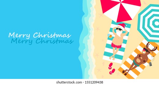 Christmas holiday. Santa Claus and deer Rudolph relax on the beach. Greeting Christmas card 2021