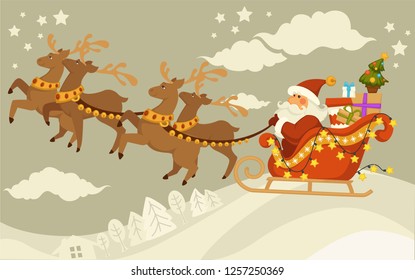 Christmas holiday Santa Claus and deers with sleigh flying over winter snowy forest fairy character and fir or spruce Decorated Xmas tree harness animals and old man cartoon vector illustrations.
