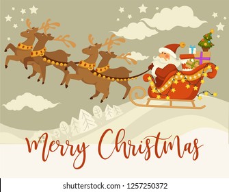 Christmas holiday Santa Claus and deers with sleigh fairy character and fir or spruce Decorated Xmas tree harness animals and old man flying over winter snowy forest cartoon vector illustrations.
