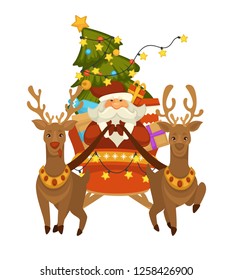 Christmas holiday Santa Claus and deers with sleigh fairy character and fir or spruce Decorated Xmas tree harness animals and old man flying cartoon vector illustrations.