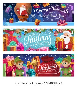 Christmas holiday, Santa Claus and elves or helpers. Vector gift boxes or presents, chimney and roof, sack and moon, fir branches and gingerbread cookies, mitten and balls, snowflakes and celebration