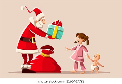 Christmas holiday. Santa Claus gives Gifts to happy girl in pajama, small kid baby brother. Greeting card. Vector illustration.