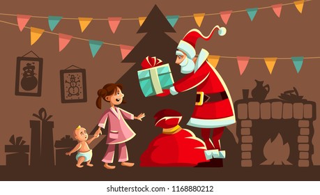 Christmas holiday. Santa Claus gives Gifts to happy girl in pajama, small kid baby brother. Interior with christmas tree, fireplace, gift boxes, garlands of flags. Greeting card. Vector illustration.