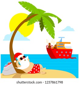 Christmas holiday. Santa Claus relax on the beach. Deers on the Yatch. Greeting Christmas card 2019
