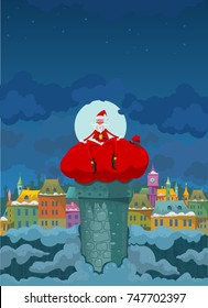 Christmas Holiday. Santa Claus sitting on a red bag. A bag with presents. The pipe on the roof. Winter weather. The night and the moon. The image of the city houses.Vector Image.