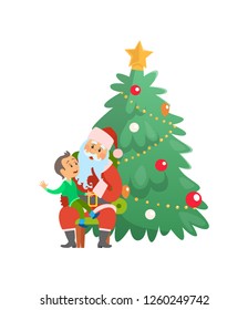 Christmas holiday Santa Claus and small boy sitting on lap vector. Winter holidays celebrated by evergreen pine tree decorated with star and baubles