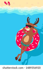 Christmas holiday. Santa's deer Rudolph relaxing on inflatable donut. Greeting Christmas card 2021