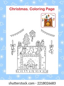 Christmas holiday scene fireplace, clock, stocking, bunting, fire, garland, candle, fir-tree outline coloring page with sample image vector illustration, winter holiday leisure activity, worksheet