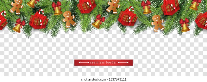 Christmas holiday seamless border with green Christmas tree branches, red present boxes and gingerbread man cookies - colorful isolated vector illustration