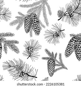 Christmas holiday seamless floral pattern with spruce, pine and cones. Winter evergreen christmas tree branches background in engraving hand-drawn line art style. Vector illustration.