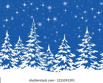 Christmas Holiday Seamless Horizontal Background, Winter Landscape, Fir Trees with Snow, White Silhouettes against the Blue Night Sky with Stars. Vector