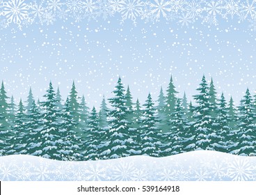 Christmas Holiday Seamless Horizontal Background, Winter Woodland Landscape with Spruce Fir Trees and White Snowflakes. Vector