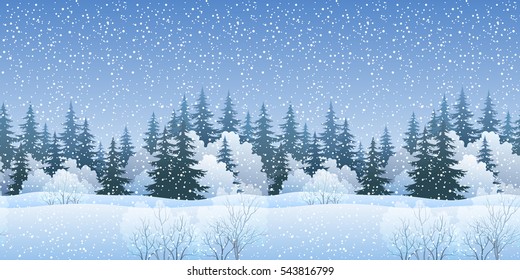 Christmas Holiday Seamless Horizontal Background, Winter Landscape, Fir Trees Silhouettes, Bushes and White Snow. Vector