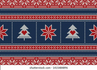 Christmas Holiday Seamless Knitted Pattern With Snowflakes And Christmas Trees. Scheme For Wool Knit Sweater Seamless Pattern Design Or Cross Stitch Embroidery