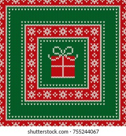 Christmas Holiday Seamless Knitted Pattern with a Present Box. Knitting Wool Sweater Design