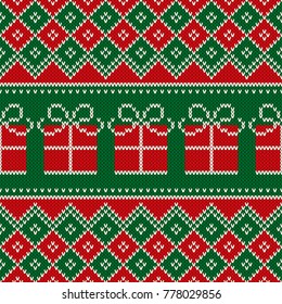 Christmas Holiday Seamless Knitted Pattern with Present Box. Scheme for Knitted Wool Sweater Pattern Design or Cross Stitch Embroidery