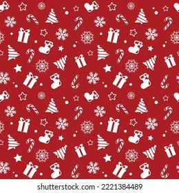 Christmas holiday. Seamless pattern and background. Vector red background with white Christmas trees, snowflakes, gifts, stars, candies and Christmas stocking.