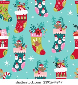 Christmas holiday seamless pattern background with cute socks. Childish print for wrapping paper, textile and apparel