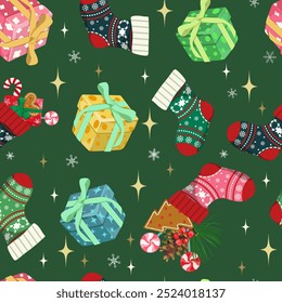 Christmas holiday seamless pattern background with cute socks and gifts on a green background. Childish print for wrapping paper, textile and apparel