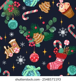 Navidades de fondo de patrón sin fisuras con lindos calcetines, pan de jengibre y regalos sobre un fondo negro. Estampado infantil para papel de regalo, textil y ropa