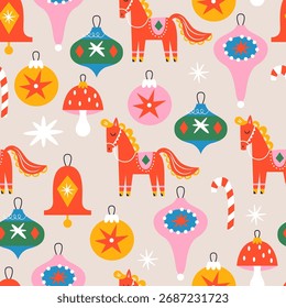 Navidades de fondo de patrón transparente de vacaciones con adorno lindo, caballo y decoración. Estampado infantil para papel de regalo, textil y ropa