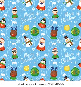 Christmas holiday seamless pattern background with cute characters in baubles