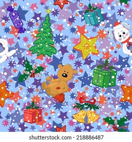 Christmas holiday seamless pattern with cartoon characters and elements. Vector