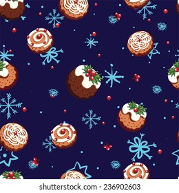 Christmas holiday seamless pattern with cookies, berries and snowflakes