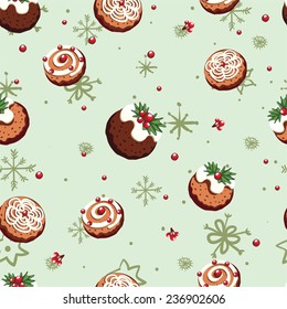 Christmas holiday seamless pattern with cookies, berries and snowflakes